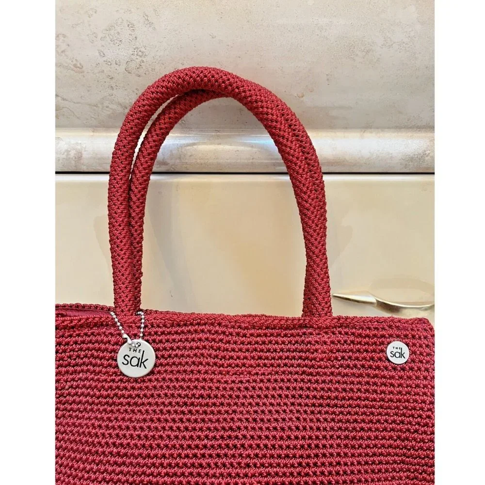 VINTAGE BOHO INDIE RUSTIC COTTAGE CORE THE SAK RED CROCHET HAND BAG TOTE PURSE - Picture 3 of 10